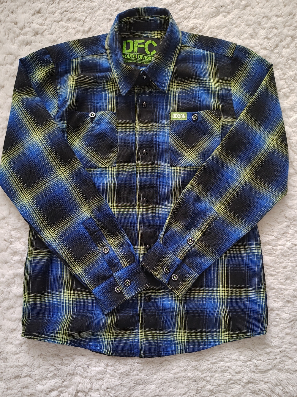 Boy's DIXXON Blue, Black & Neon Yellow Plaid Button-Down Shirt
